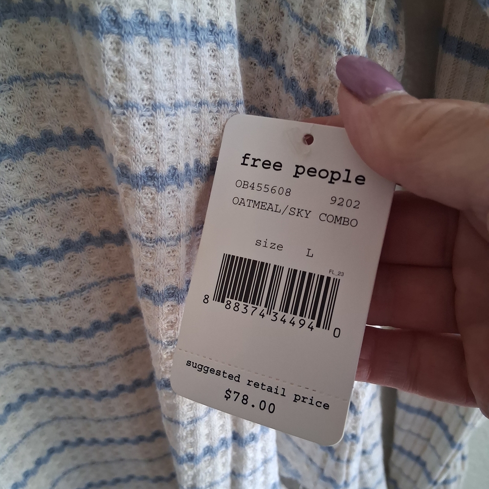 NWT Free People We The Free Kristina Thermal Top Blue White Striped Hallow Boho - Picture 9 of 14